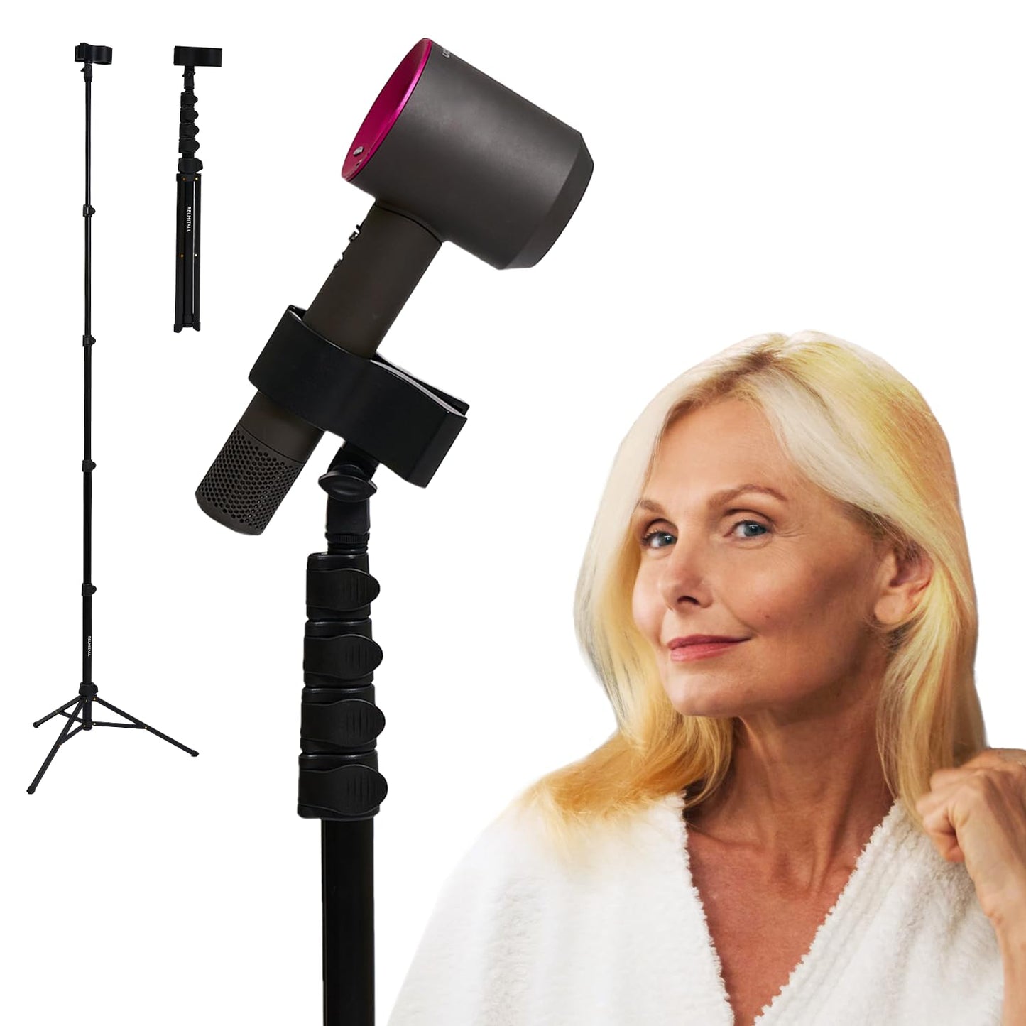 RELMITALL Hair Dryer Stand – Heavy Duty 26-74 Inch Adjustable Blow Dryer Holder with Non-Slip Tripod and Universal Clip – Hands Free for Frozen Shoulder, Arthritis, and Wrist Pain Relief
