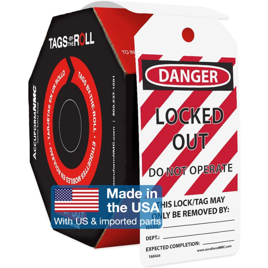 Accuform Signs TAR426 Tags By-The-Roll Lockout Tags, Legend "DANGER LOCKED OUT DO NOT OPERATE", 6.25" Length x 3" Width x 0.010" Thickness, PF-Cardstock, Red/Black on White (Roll of 250)