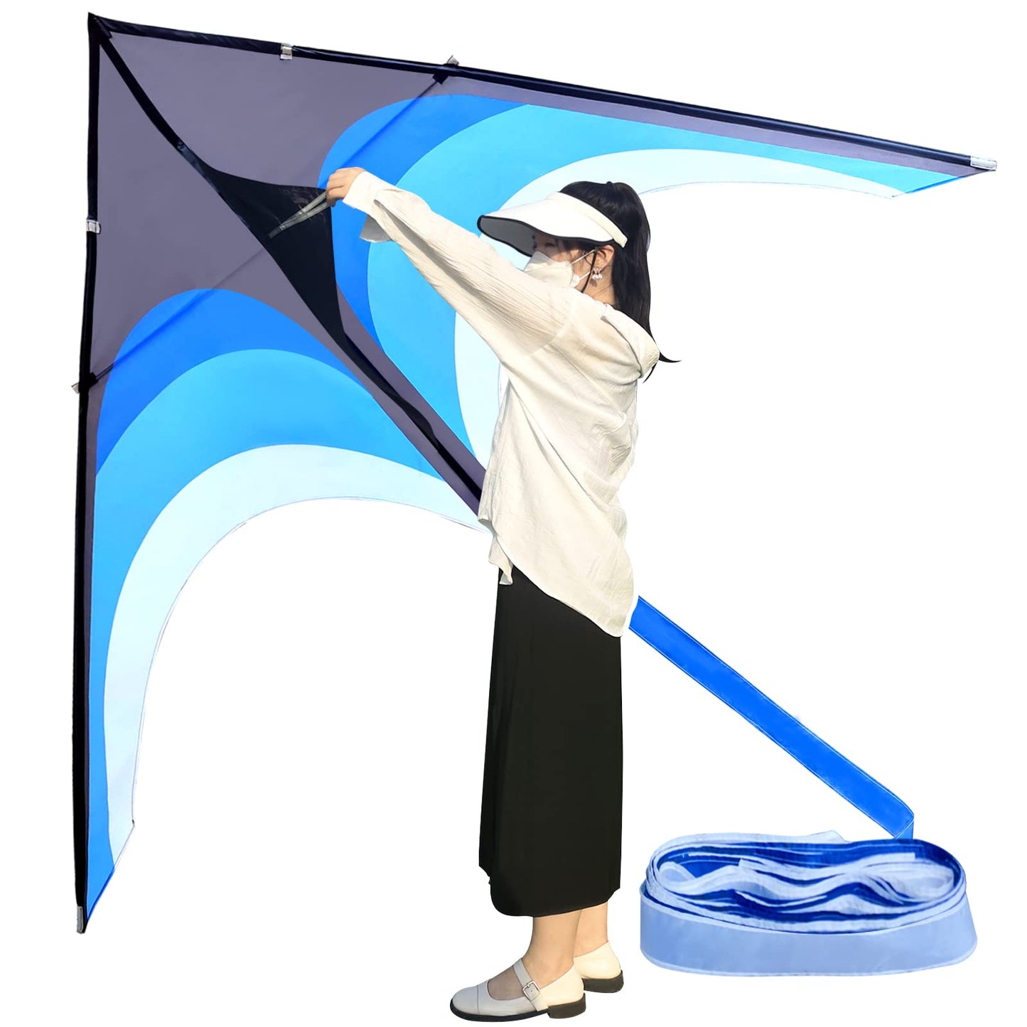 Kaiciuss Huge Delta Kite for Adults Easy to Fly, 9Ft Giant Single Line Style, Extra Large for Beach Trip, with 30M Kite Tail and 300FT String Line Handle (Blue)