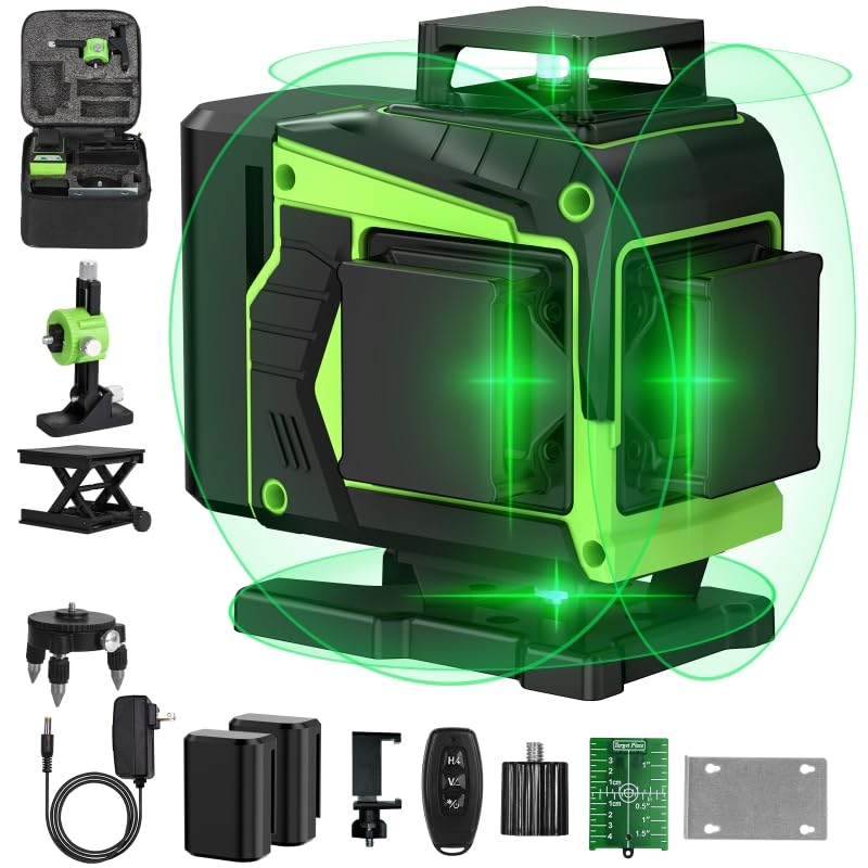 Laser Level,16 Line Laser Level 360 Self Leveling,4x360°4D Green Cross Line Laser for Construction and Picture Hanging,lazer leveler tool with 2 Batteries,Magnetic Bracket & Remote Controller