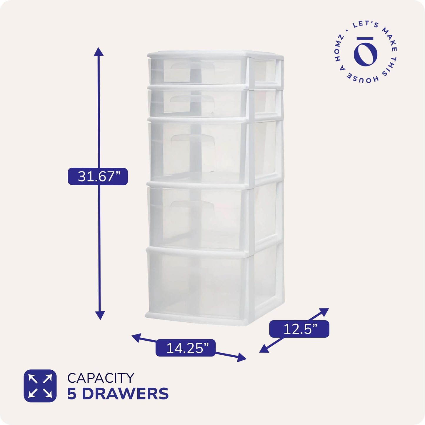 HOMZ 5-Drawer Storage Cart, Clear Plastic Drawers, 14.25" Wide Medium, White Frame - Organizing Drawer Containers for Home, Bathroom, Office, and Classroom