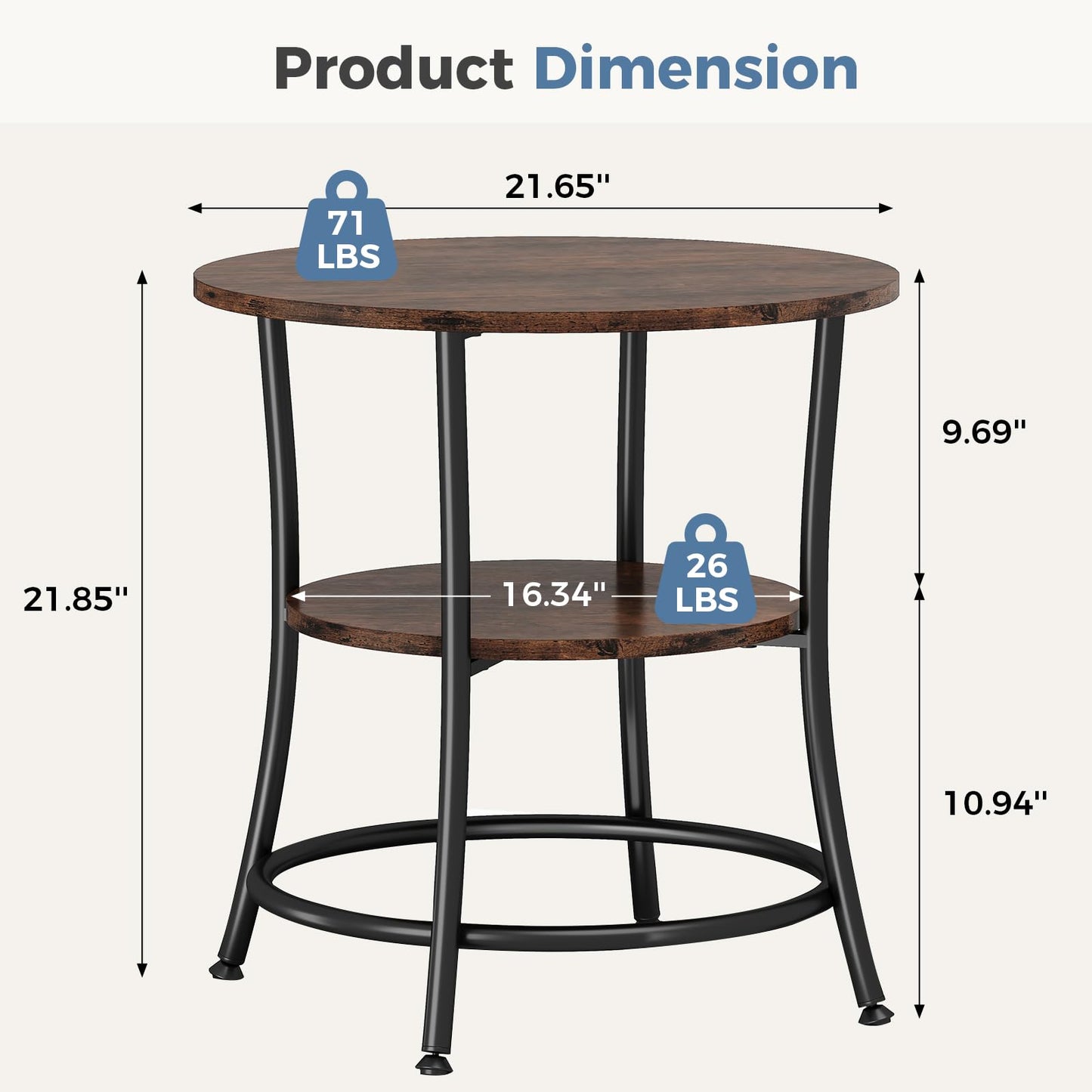 DUMOS Side Round Table for Living Room, 2-Tier Accent End Table with Storage Shelf,Sturdy Metal Frame Nightstand for Small Space, Round Bedside,Rustic Brown and Ink Black