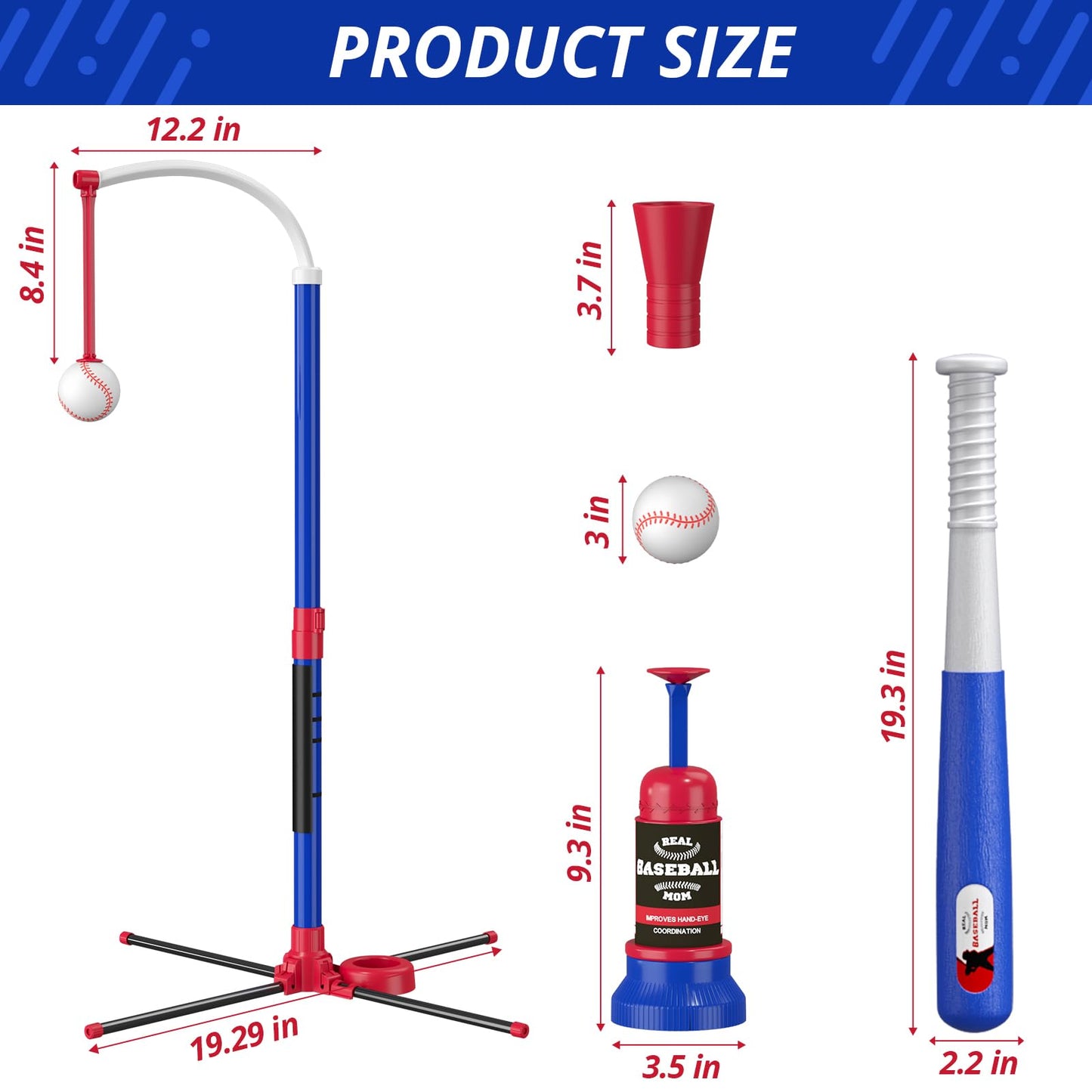 HYES 3 in 1 T Ball Set for Kids 3-5, Kids Baseball with Hanging Tee/Standing Tee/Automatic Launcher/6 Softballs, Adjustable Height Toddler Baseball Sets Indoor Outdoor Sport Gifts Toys for Boys, Blue
