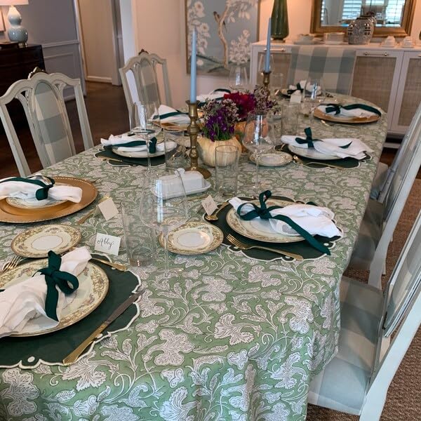 Ridhi Sage Green 100% Cotton Summer Fall Rectangle Tablecloth Hand Block Print Print Washable Reusable Table Cover Farmhouse Parties Buffet Dining Weddings Country French Easter Spring 70 x 118