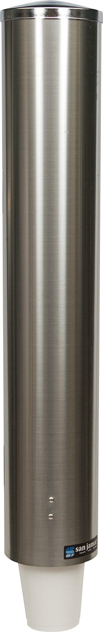 San Jamar Large Pull-Type Cup Dispenser Fits 12 - 24 Oz. Cups with Flip Cap for Restaurants, Dining Halls, and Fast Food, Stainless Steel, 23.5 Inches, Silver
