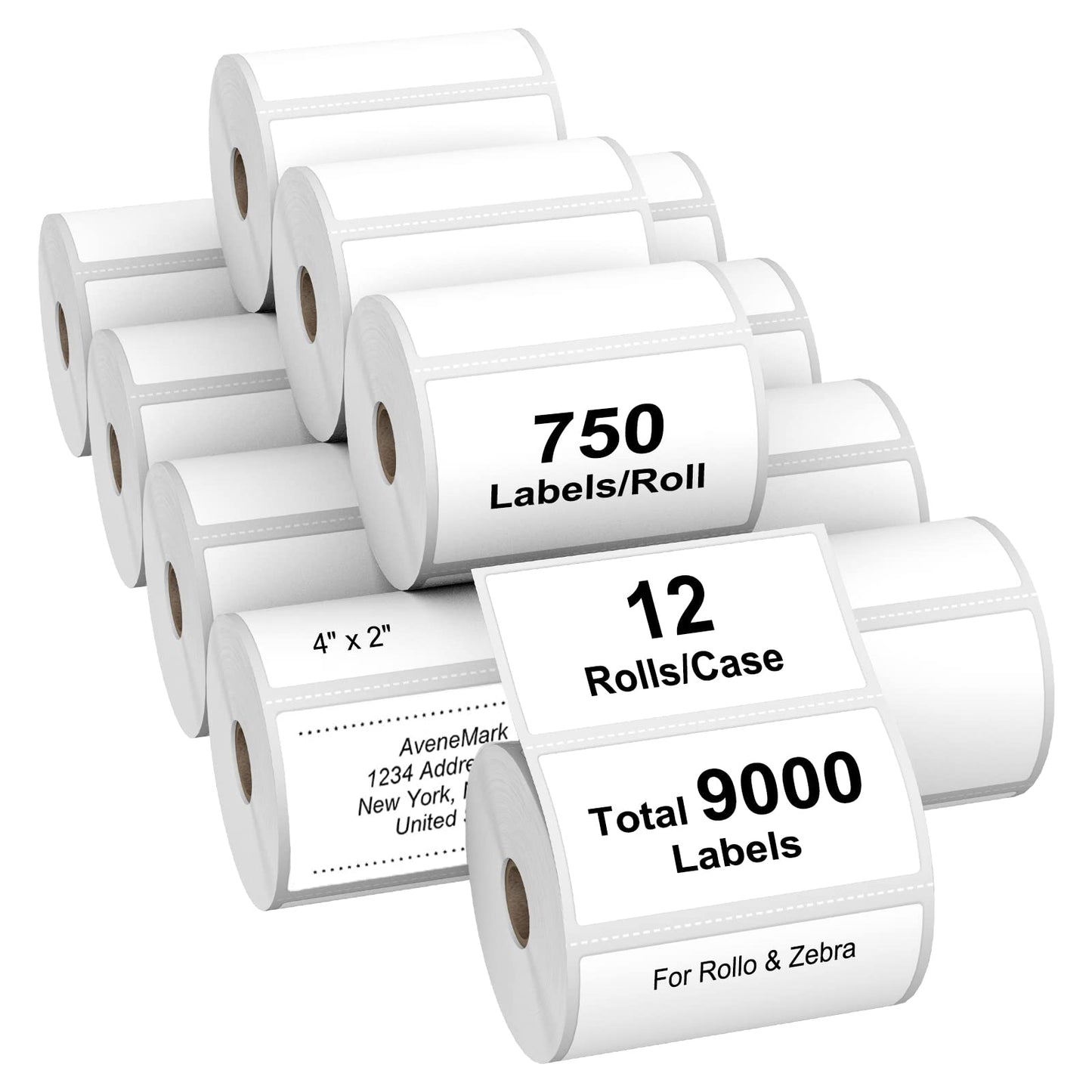 AveneMark 12 Rolls 4" x 2" Direct Thermal Labels for Barcodes Postage Address Shipping Labels Compatible with Rollo & Zebra Desktop Printers Adhesive - 750 Labels/Roll