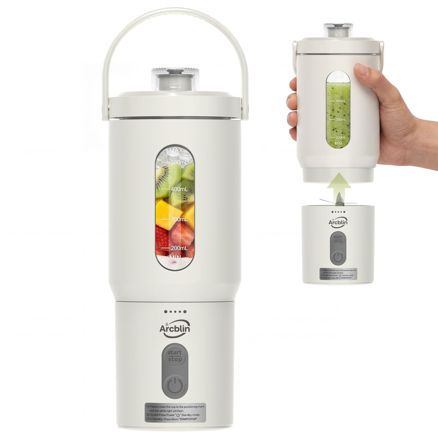 Arcblin Portable Blender for Shakes and Smoothies, 17oz Personal Blender with Detachable To-Go Cup & Carry Handle, USB-C Rechargeable Mini Juicer, Auto-Shutoff, BPA Free, White