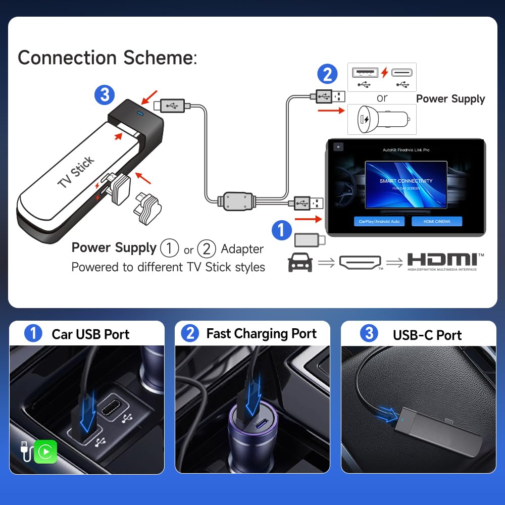 Carlinkit Wireless CarPlay Adapter 3-in-1︱Designed for TV Sticks︱for Wired CarPlay Cars︱Support converting Wired CarPlay to Wireless CarPlay & Android Auto︱Support HDMI Port Fir e TV Sticks inputting