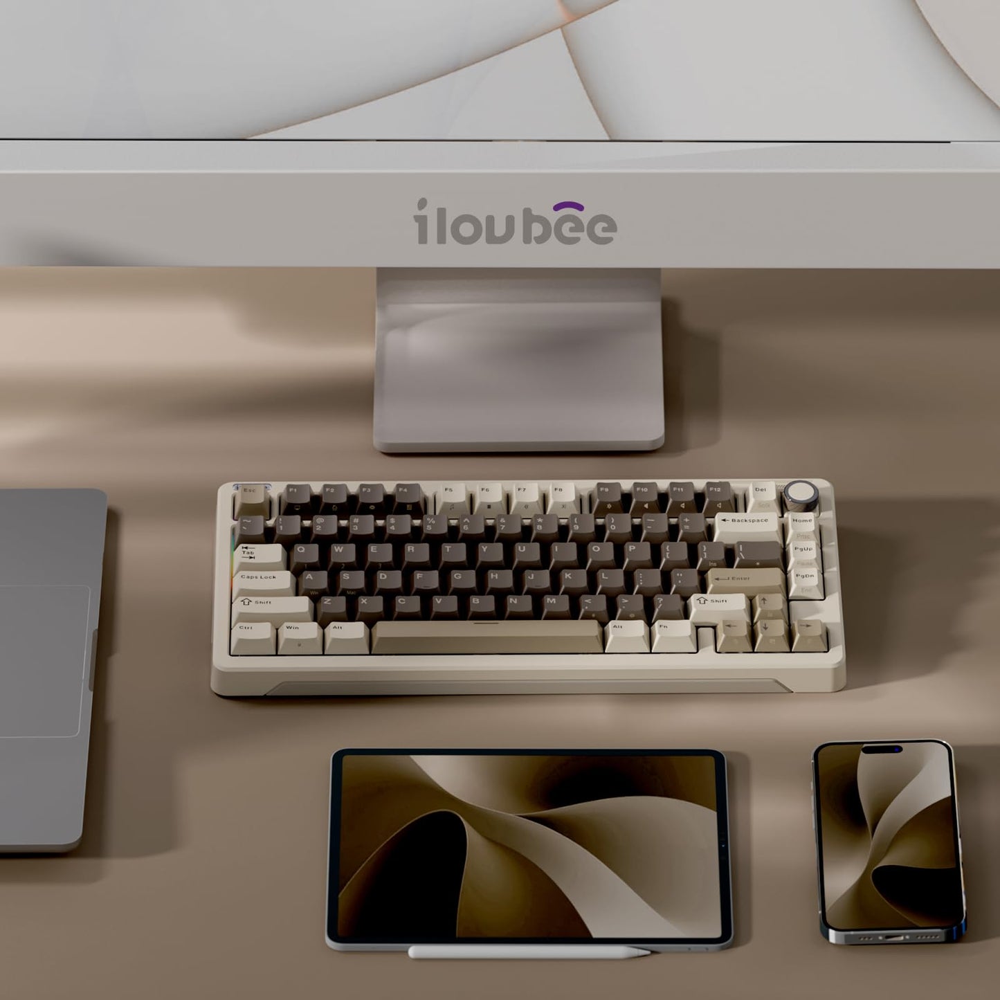 iLovBee B75 Wireless Mechanical Keyboard, 75% Percent Gaming Keyboard w/Bluetooth/2.4GHz/USB Wired, Creamy Hot Swappable Keyboards with Knob, Gasket Mounted PBT keycaps, Pre-Lubed Linear Switches