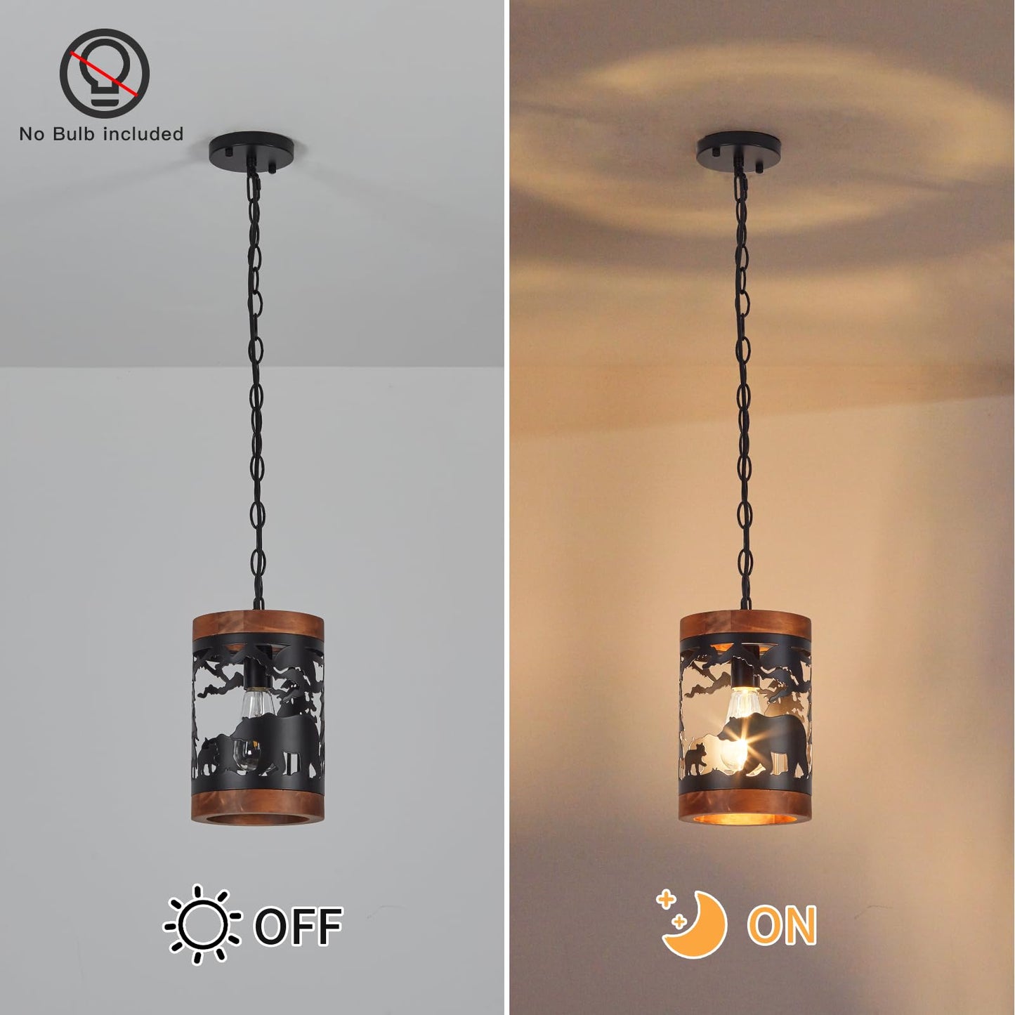 Rustic Bear Pendant Light, 1-Light Farmhouse Wood and Metal Cage Chandelier, Adjustable Hanging Ceiling Fixture for Kitchen Island, Hallway, Bar, Dining Room, Foyer, or Bedroom, (No Bulb Included)