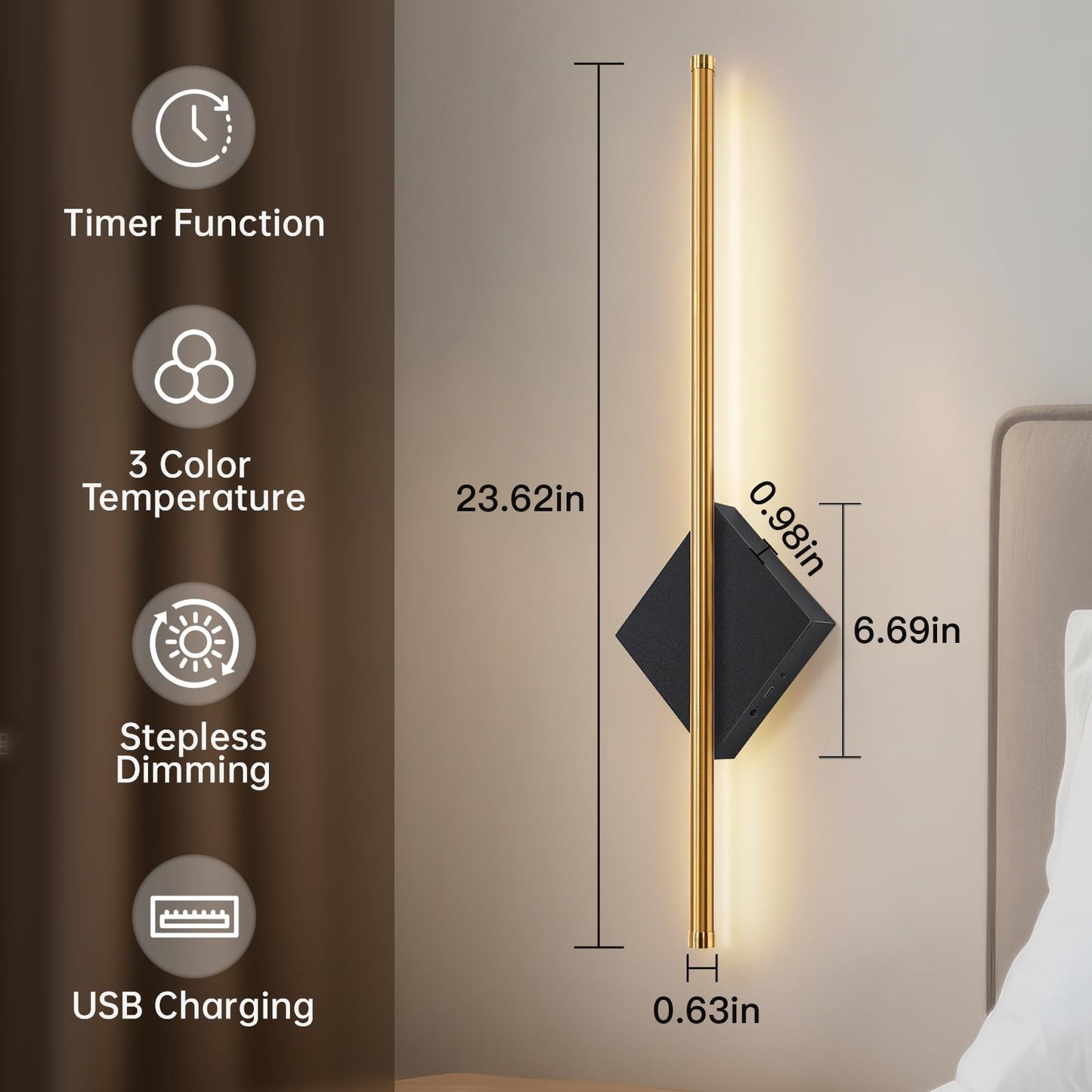 Battery Operated Wall Sconces Set of Two, Modern Sconces Wireless Cordless Rechargeable Light with Remote, Gold and Black Wall Lamp Dimmable Home Decor for Bedroom Living Room Hallway Timing 23.6 Inch