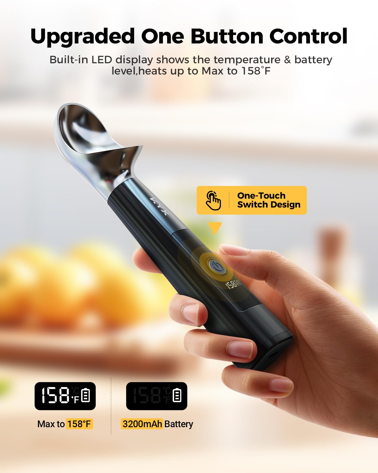 KYX Heated Ice Cream Scoop Rechargeable, Electric Ice Cream Scoop with 3-Level Heat 95-158°F, LED Display, IPX6 Waterproof, 3200mAh Battery, Easy Scoop for Hard Ice Cream, Gelato & Frozen Desserts