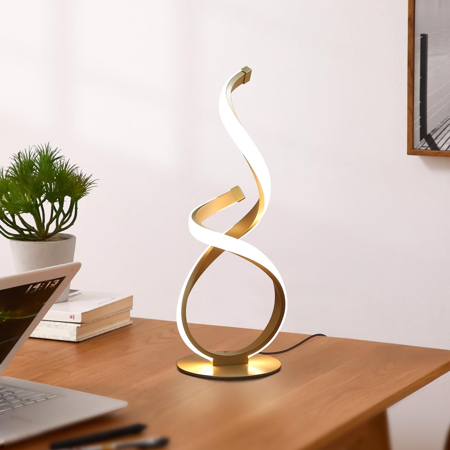 JIOODICH. Bedside Table Lamp, LED Touch Dimmable Spiral Desk Lamp for Night Stands, 3 Color Temperature Modern Nightstand Light, Unique Side Light for Living Room, Bedroom, Gold