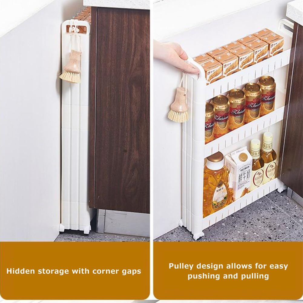 3.54 Slim Storage Cart Durable Bathroom Organizer Slide Out Storage Cart Rolling Utility Cart Slide Out Organizer Narrow Shelf Rack for Kitchen Bathroom Study Office