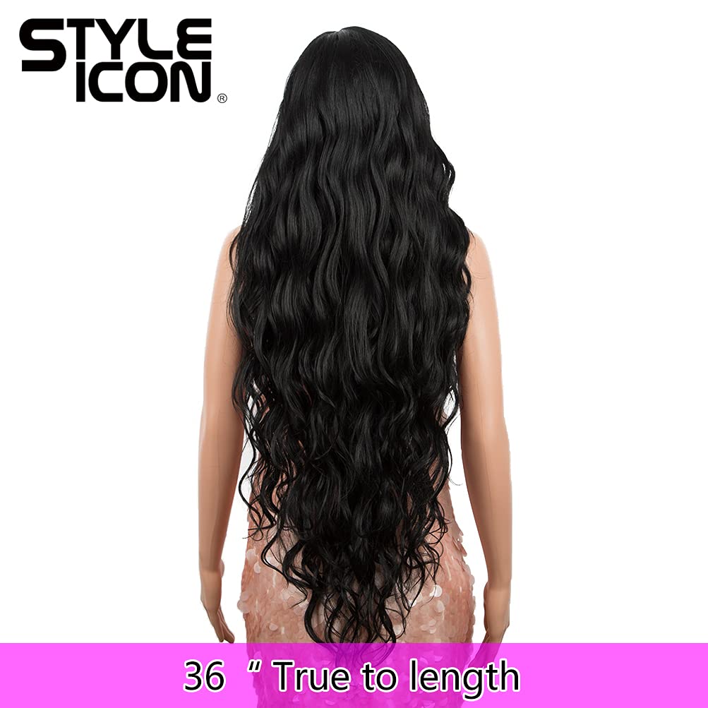 Style Icon Easy-360 Lace Wigs 36" Free Part Lace Frontal Wigs Super Long Wavy Wig Synthetic Wig (36 Inches, 1B)