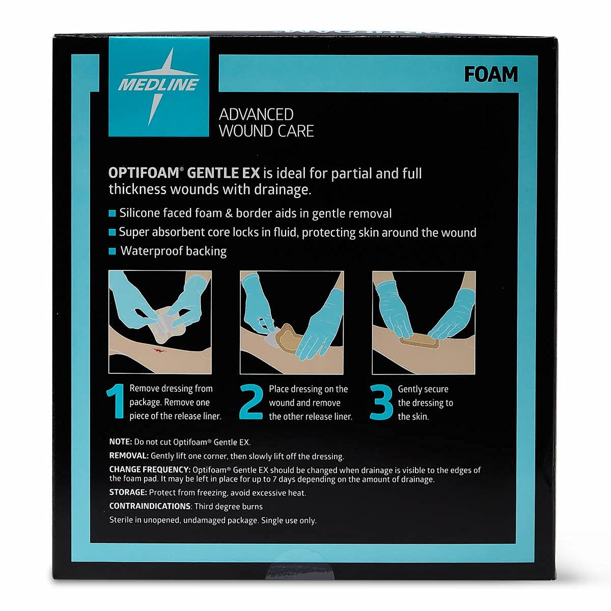 Medline Optifoam Gentle EX Bordered Foam Adhesive Dressing, 5" x 5" Square (10 Count)
