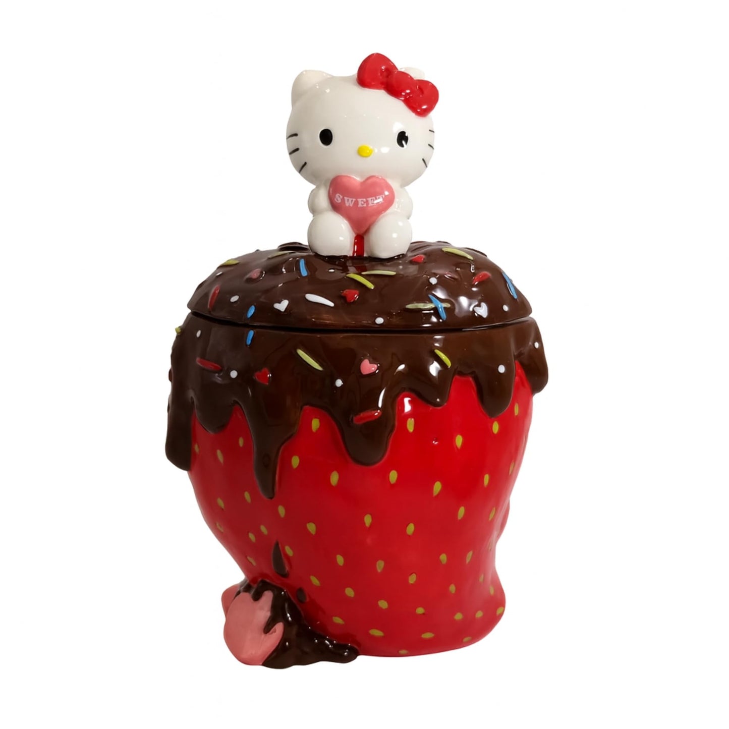 Blue Sky Clayworks Hello Kitty Strawberry Cookie Jar, Ceramic, 7" L x 6.25" W x 11.25" H, Chocolate-Drip Berry Sweet