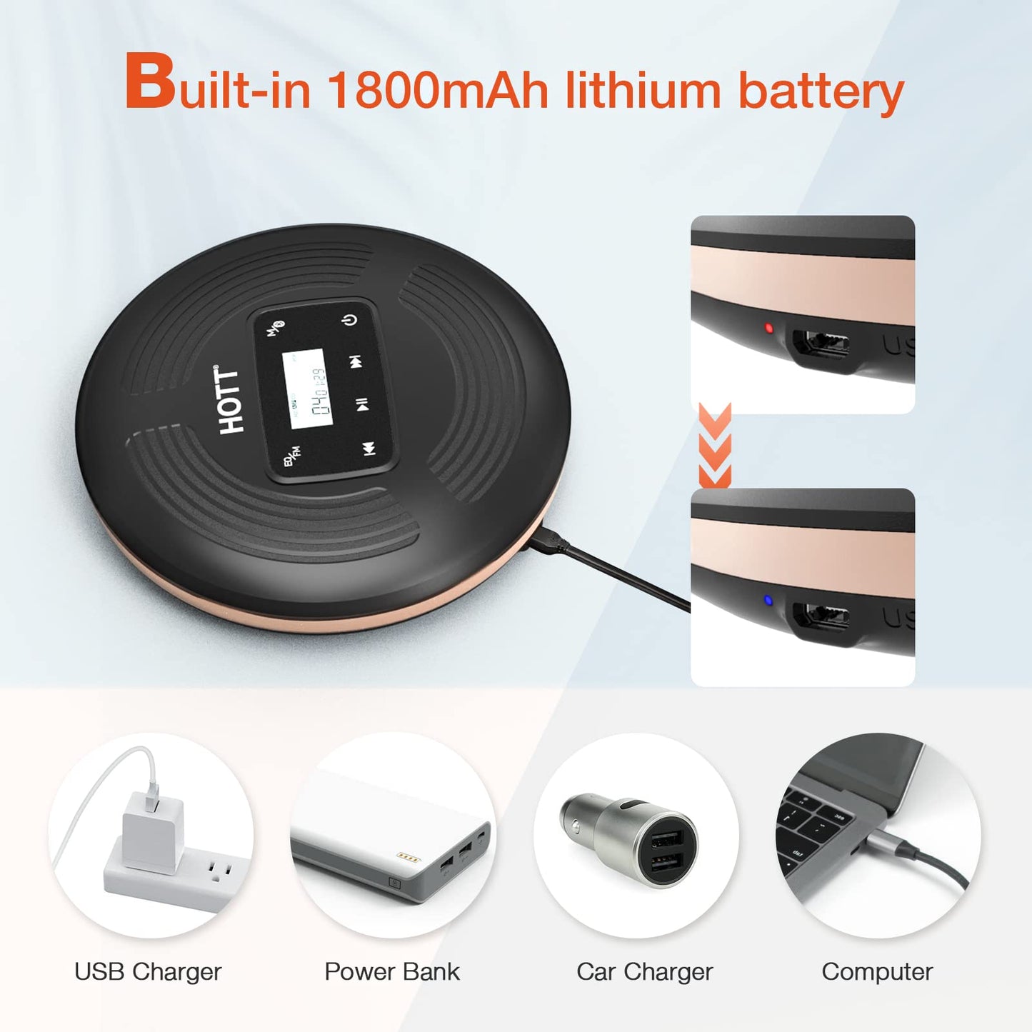 HOTT Portable CD Player with Bluetooth and FM Transmitter,Portable CD Walkman with Touch Buttons Backlight,Rechargeable Discman Player with AUX Cable,CD Player Shockproof for Car CD903TF