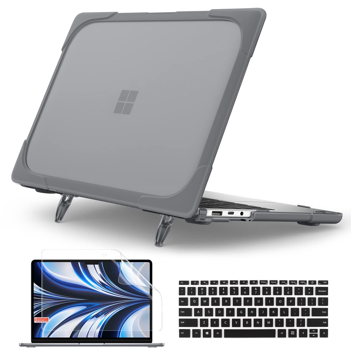 Batianda Heavy Duty Case for 13.5" Microsoft Surface Laptop 5 4/3 with Metal Palm Rest,Shockproof Protective Cover with Fold Kickstand for Enhanced Durability & Keyboard Cover Screen Protector, Gray