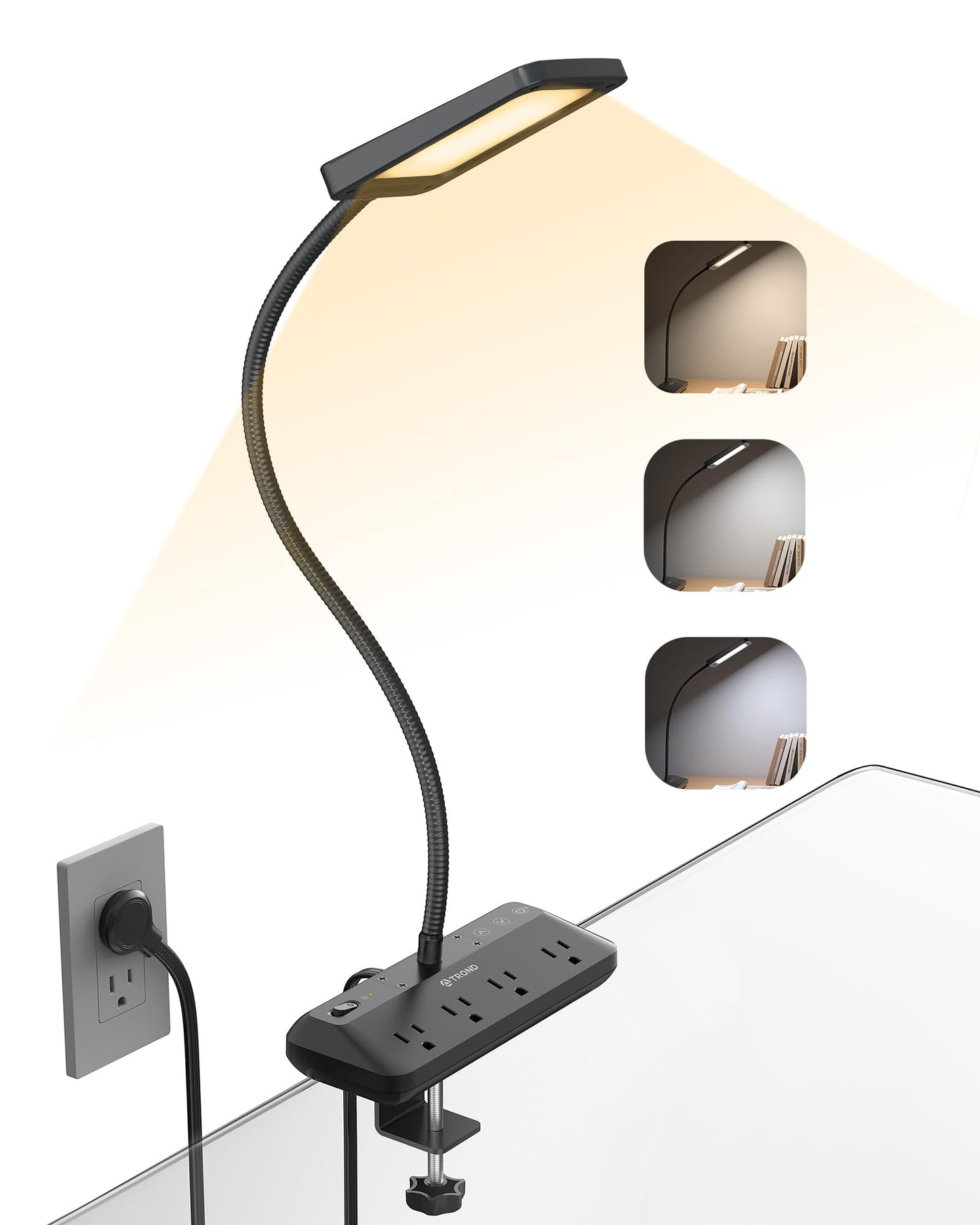 TROND LED Desk Lamp with Clamp Power Strip - Eye Caring Desk Light with 4 Surge Protector Outlet, 15 Lighting Mode, 6ft Flat Plug Extension Cord, Gooseneck for Home Office College Dorm Room Essentials