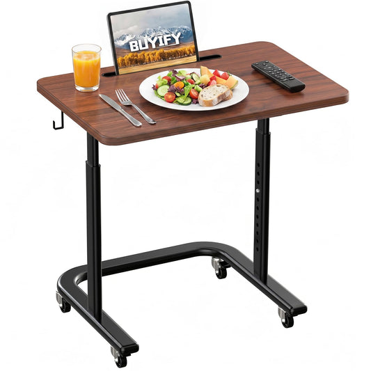 BUYIFY Height Adjustable TV Tray Table on Wheels - Rolling Laptop Desk for Bed & Sofa - C Shaped Side Table for Recliner, Small Spaces & Walking Pad-Dark Walnut- FRD1