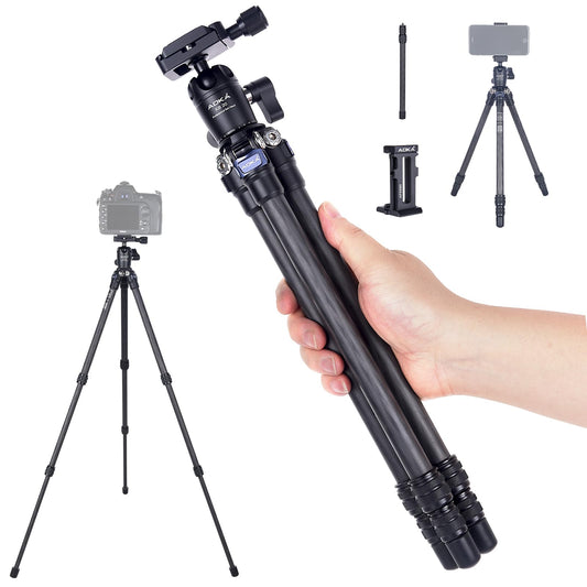 AOKA 28in/1.1lb Mini Portable Carbon Fiber Tripod, iPhone Tabletop Tripod, Travel Tripod with Ball Head, Cell Phone Holder, Extension Pole Tripod for Cell Phone, Camera, Camcorder, Projector, Webcam