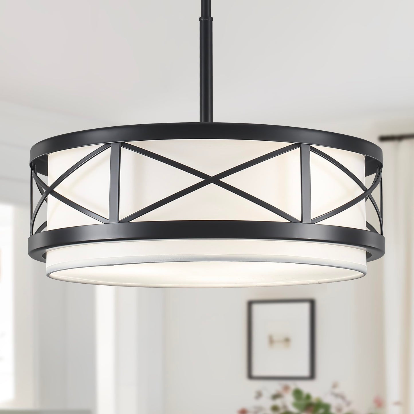 19.7'' Black Drum Chandelier, 5-Light Modern Drum Farmhouse Chandeliers for Dining Room Light Fixture Hanging Pendant Light with White Fabric Shade for Kitchen Living Room Foyer Entryway Bedroom