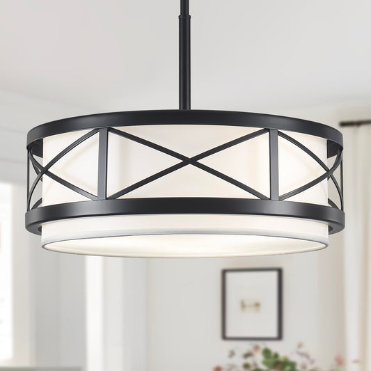 19.7'' Black Drum Chandelier, 5-Light Modern Drum Farmhouse Chandeliers for Dining Room Light Fixture Hanging Pendant Light with White Fabric Shade for Kitchen Living Room Foyer Entryway Bedroom