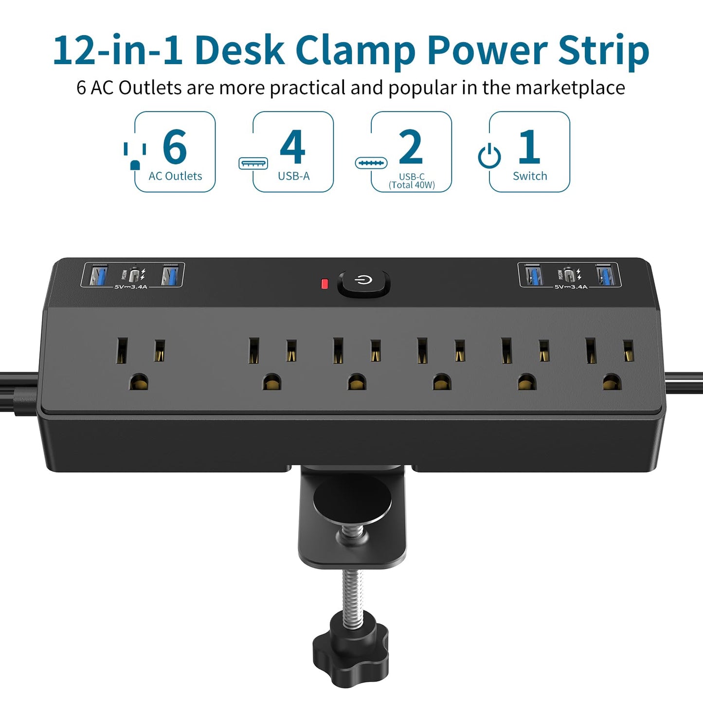 40W Fast Charging Desk Clamp Power Strip 2 PD USB C Desk Charging Station,10FT Desk Extension Cord Flat Plug with 6 AC/6 USB,Fararaka Removable Desk Surge Protector Power Strip Fits 1.8" Tabletop Edge