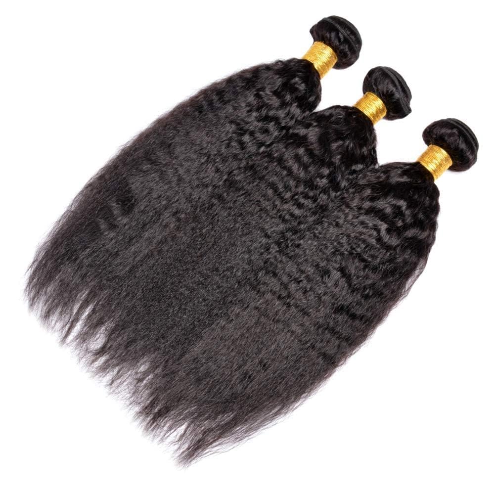 OLFORY Hair Bundles 12A Yaki Kinky Straight Human Hair 3 Bundles 100% Unprocessed Mongolian Virgin Human Hair Kinky Straight Bundles Yaki Hair Natural Color (16 18 20)