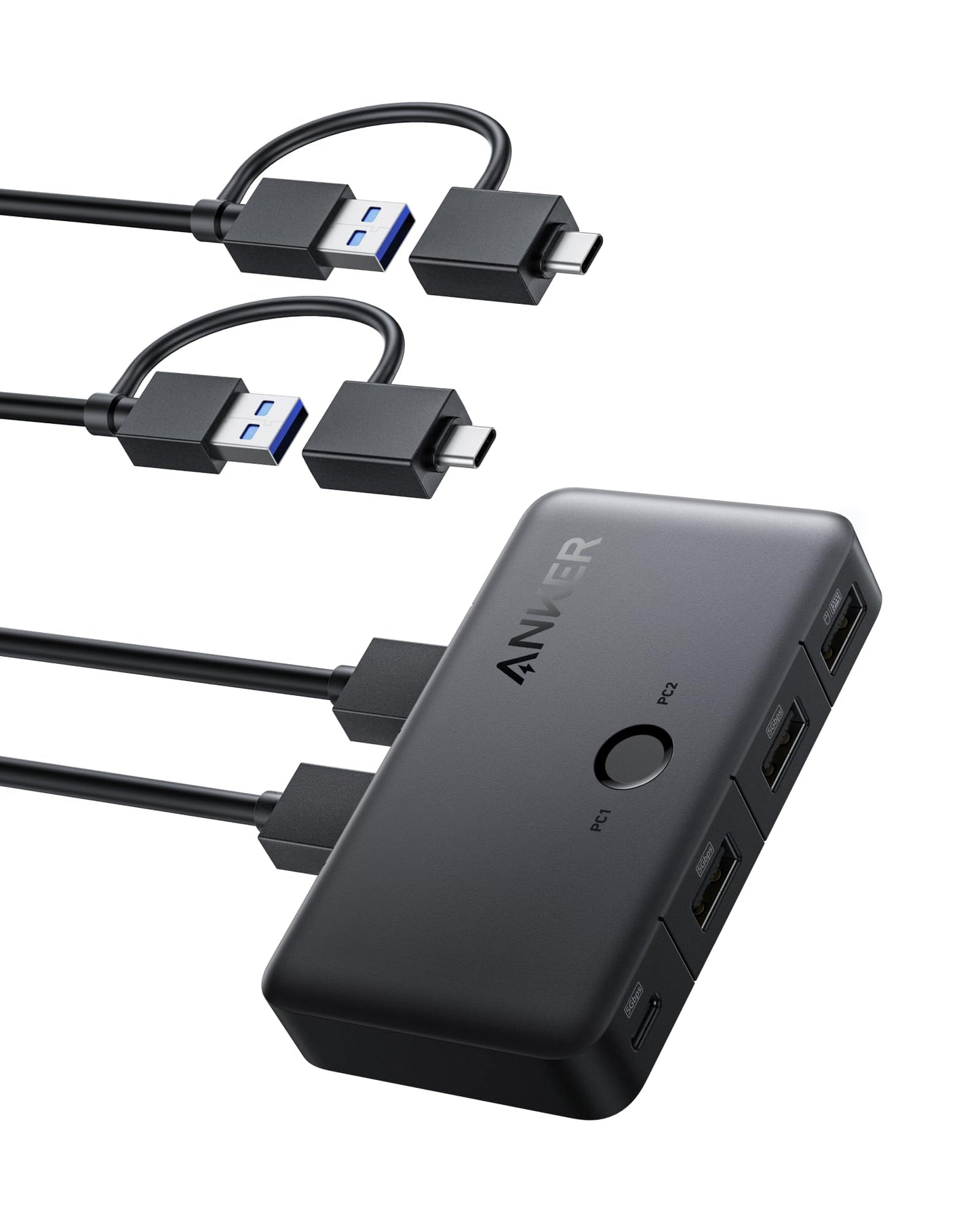 Anker USB 3.0 Switch, Easy One-Click Device Switching for 2 Laptops or Desktops, 3 USB-A Ports, 5Gbps Data Transfer, Compatible with Windows, macOS, Linux