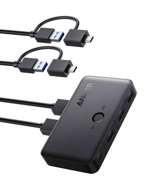 Anker USB 3.0 Switch, Easy One-Click Device Switching for 2 Laptops or Desktops, 3 USB-A Ports, 5Gbps Data Transfer, Compatible with Windows, macOS, Linux