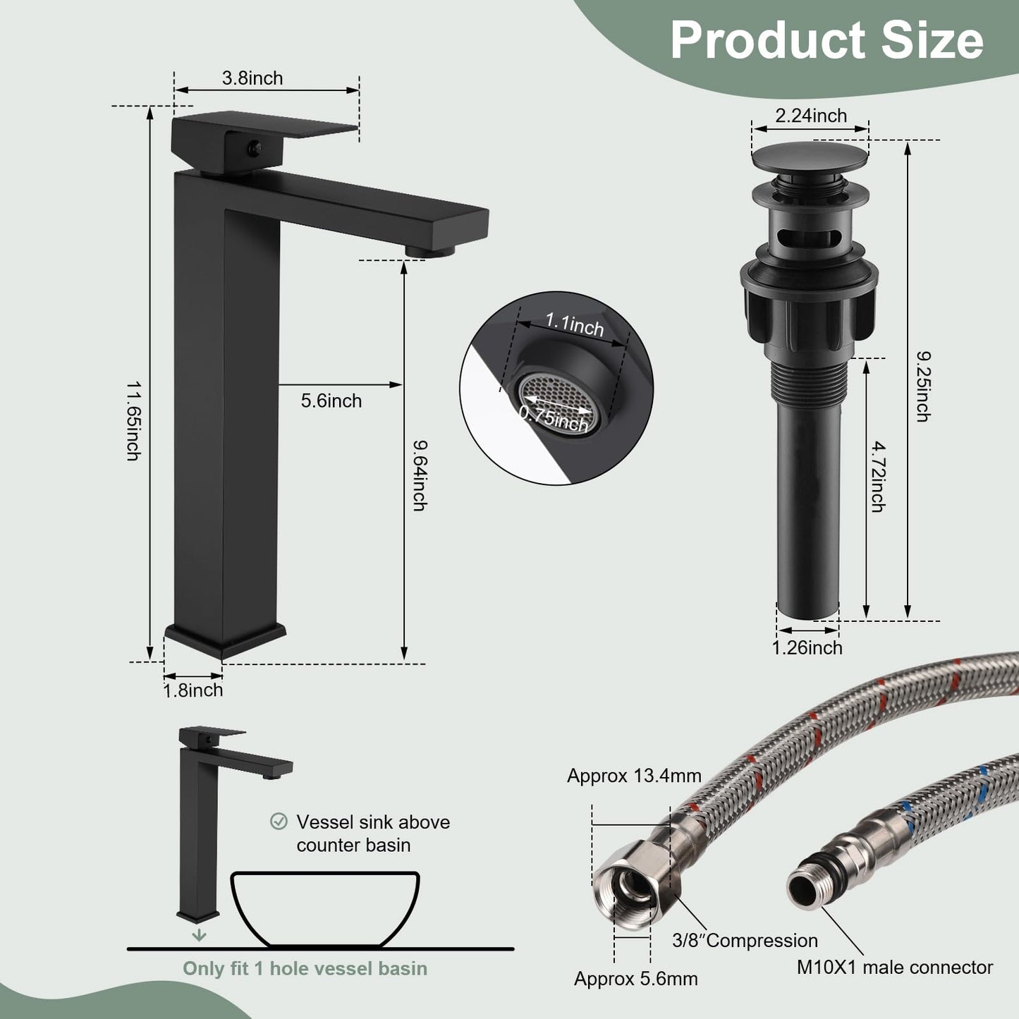 HOZKUY Matte Black Bathroom Faucet Single Handle 1 Hole Tall Bathroom Vessel Sink Faucet, 304 Stainless Steel Modern Vanity Faucet Basin Mixer Tap with Water Supply Hose and Pop Up Sink Drain