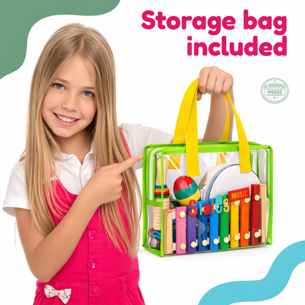 Stoie's Green Bag Kids Musical Instruments for Babies and Toddlers, Montessori Educational Music Toy with Xylophone, Tambourine, Hand Bell, Triangle, Maracas, Durable, Storage Bag