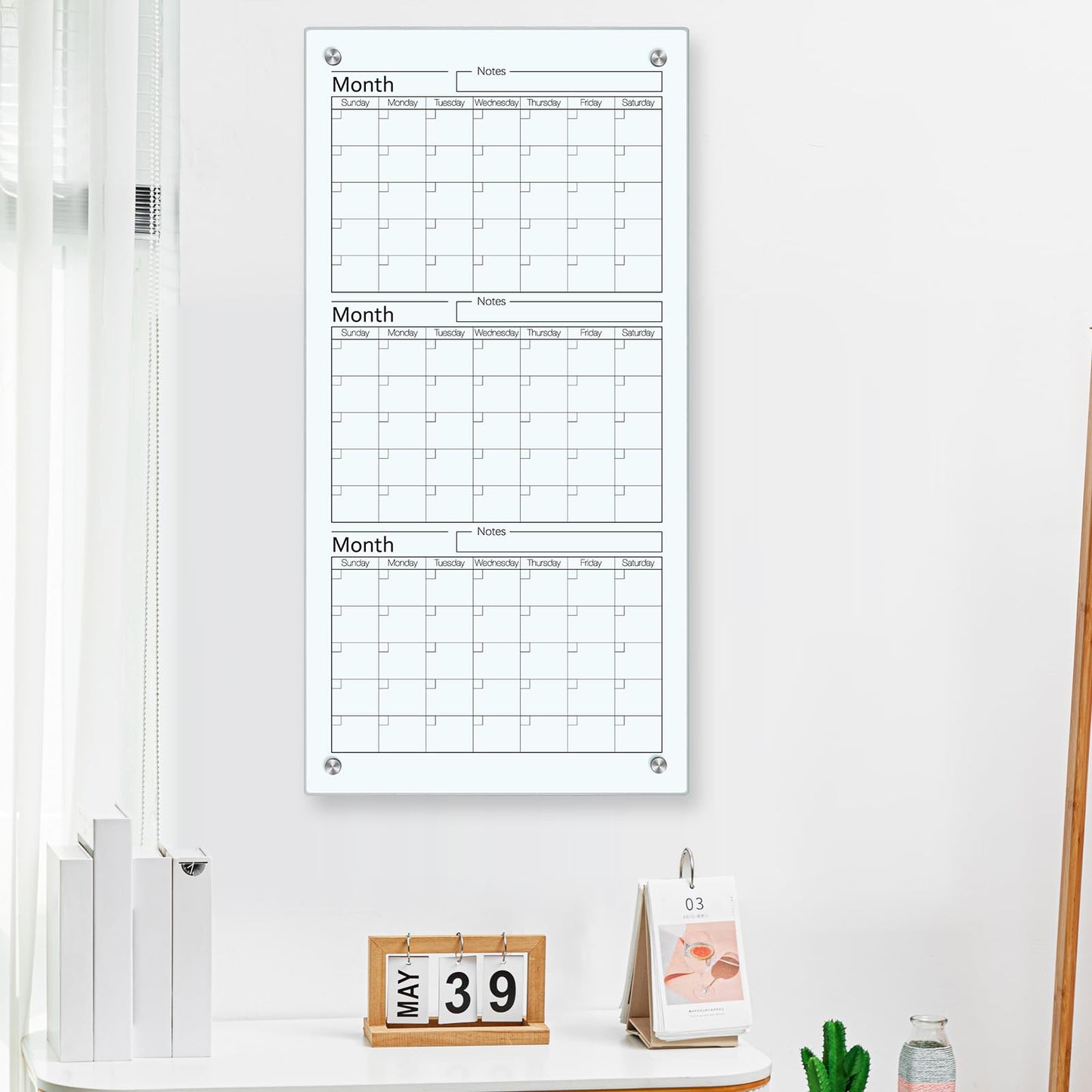 Kritkin Glass Whiteboard Calendar 36 x 18 3 Month Dry Erase Calendar White Board Planner Glass Large Wall Mounted with Marker Tray for Wall Home Office