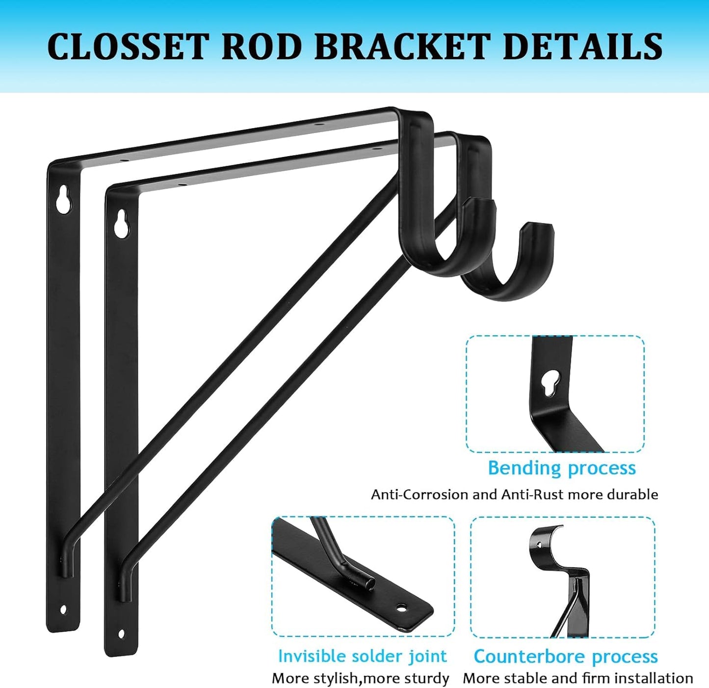 6 PCS Heavy Duty Closet Rod Bracket, 11 x 11 Inch Closet Shelf Brackets,Supports 300 lbs,Wall Mount Closet Rod Supports Bracket Hook with Screws, Closet Rod Holders for Home and Closet Decor(Black)