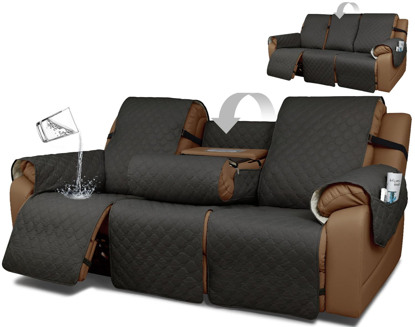 Rwoyno Waterproof Recliner Sofa Covers with Flipped Middle Backrest Washable Recliner Couch Covers Non-Slip with Elastic Straps Furniture Protector for Kid Dogs Pets (Dark Grey)