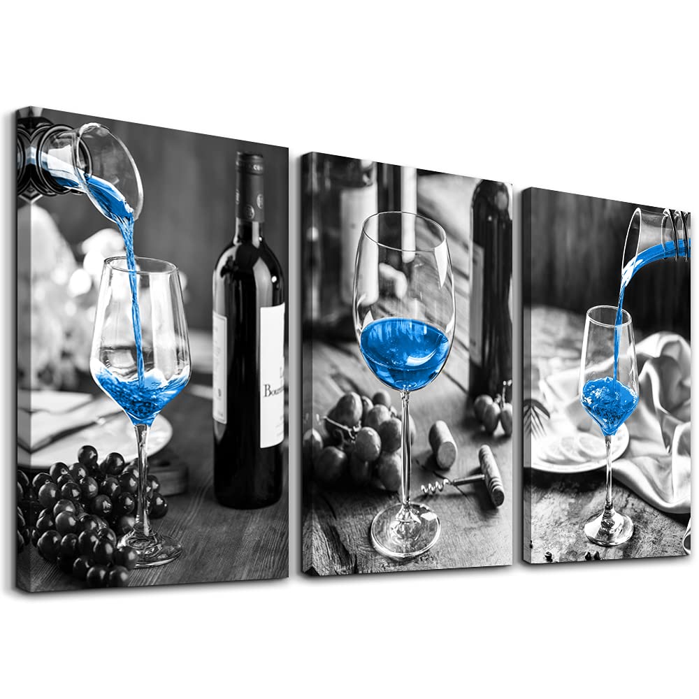 Canvas Wall Art For Kitchen Wall Decor For Dining Room Black And White Wine Glasses Painting Modern Blue Wine Canvas Art Prints Ready To Hang Pictures For Restaurant Home Decorations 16"X24" 3 Pieces