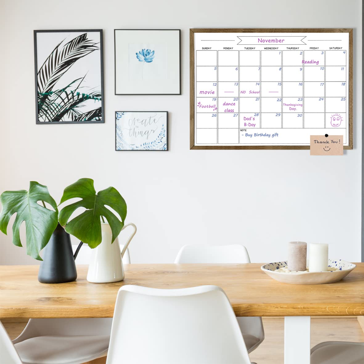 TORASO Dry Erase Monthly Calendar Board, Solid Pine Wood Rustic Brown Frame Magnetic Surface Whiteboard for Wall，23.6"x 31.5"(YLBB-B-RB-6080)