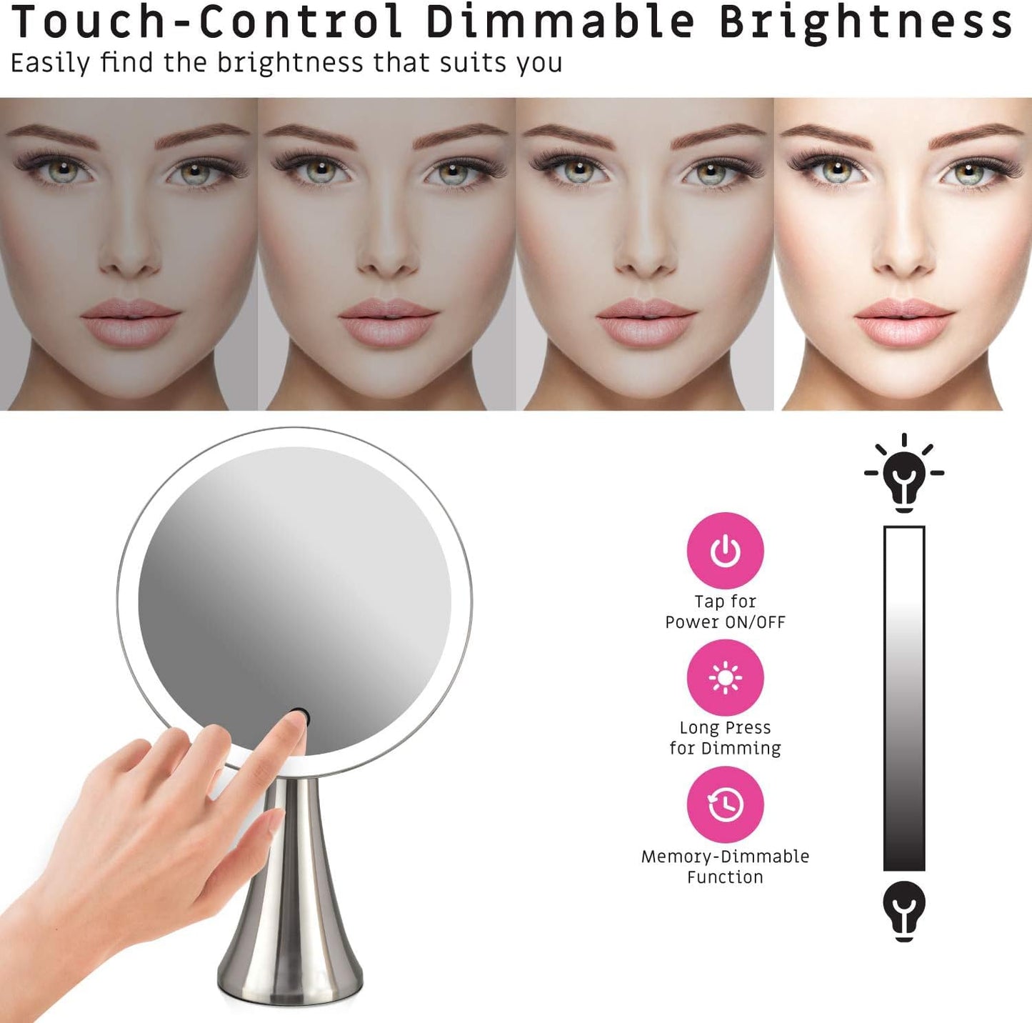 9inch Lighted Round Makeup Vanity Mirror, 5X/10X Dual Magnification with Ultra Bright LED Lights Beauty Mirror, Rechargeable, Cordless, Touch Control Adjustable Brightness, Brushed Stainless Steel