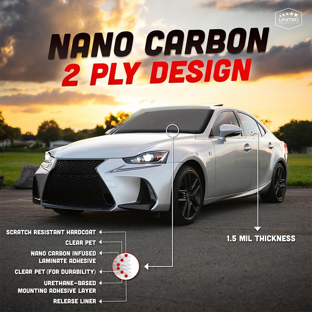 United Window Tint 20" in 100'Ft Nano Carbon Film 2Ply Charcoal 5% VLT - Clear PET Privacy Window Tint for Car, Home, Blocks UV/IR Rays, Reduce Heat & Glare- Adhesive Film - Lifetime Color Stability