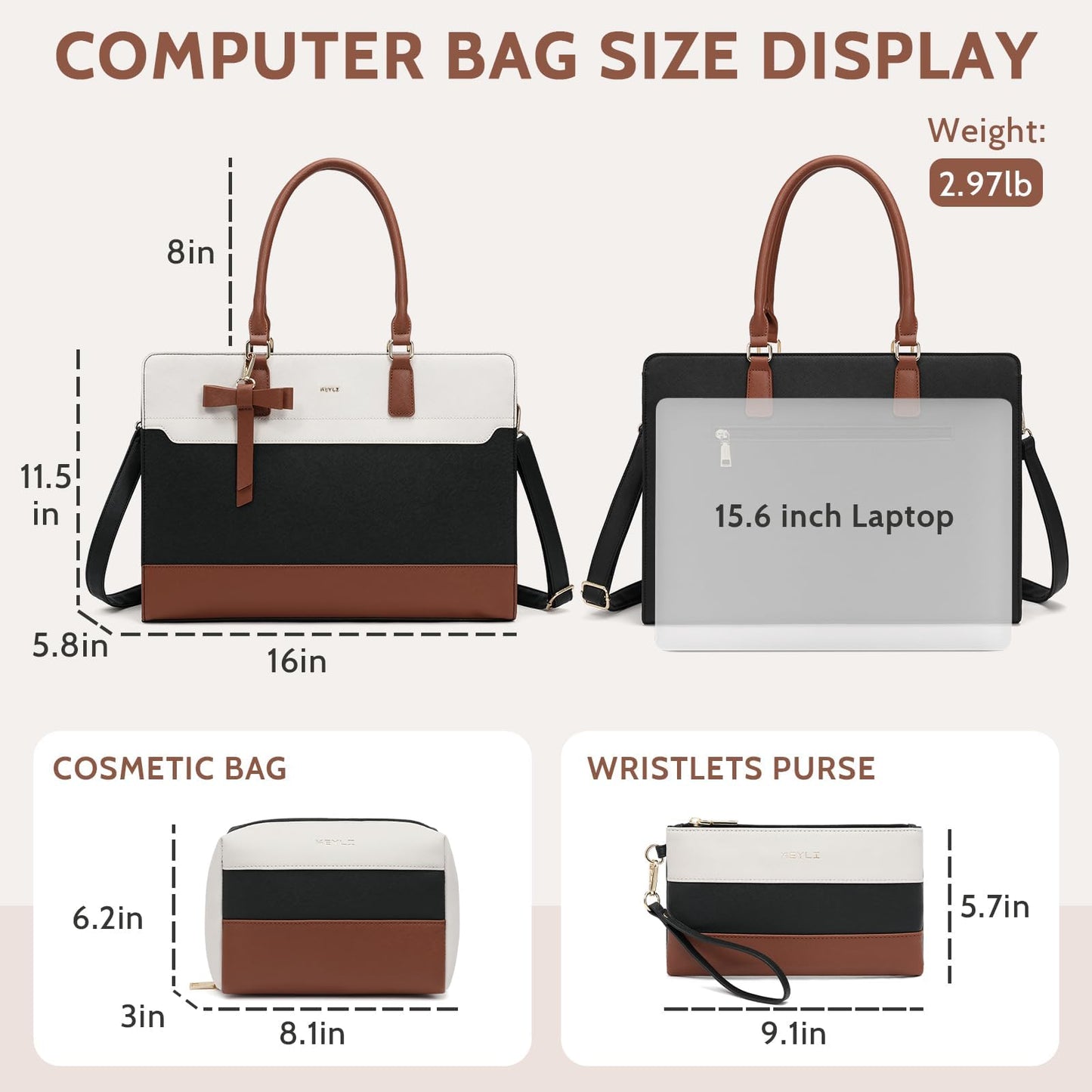 Keyli 3pc Sets Laptop Bag Work Bags for Women,15.6 Inch Laptop Tote Bag Purses Waterproof Vegan Leather Computer Briefcase Professional Business Shoulder Handbags for Teacher Office Travel White Brown