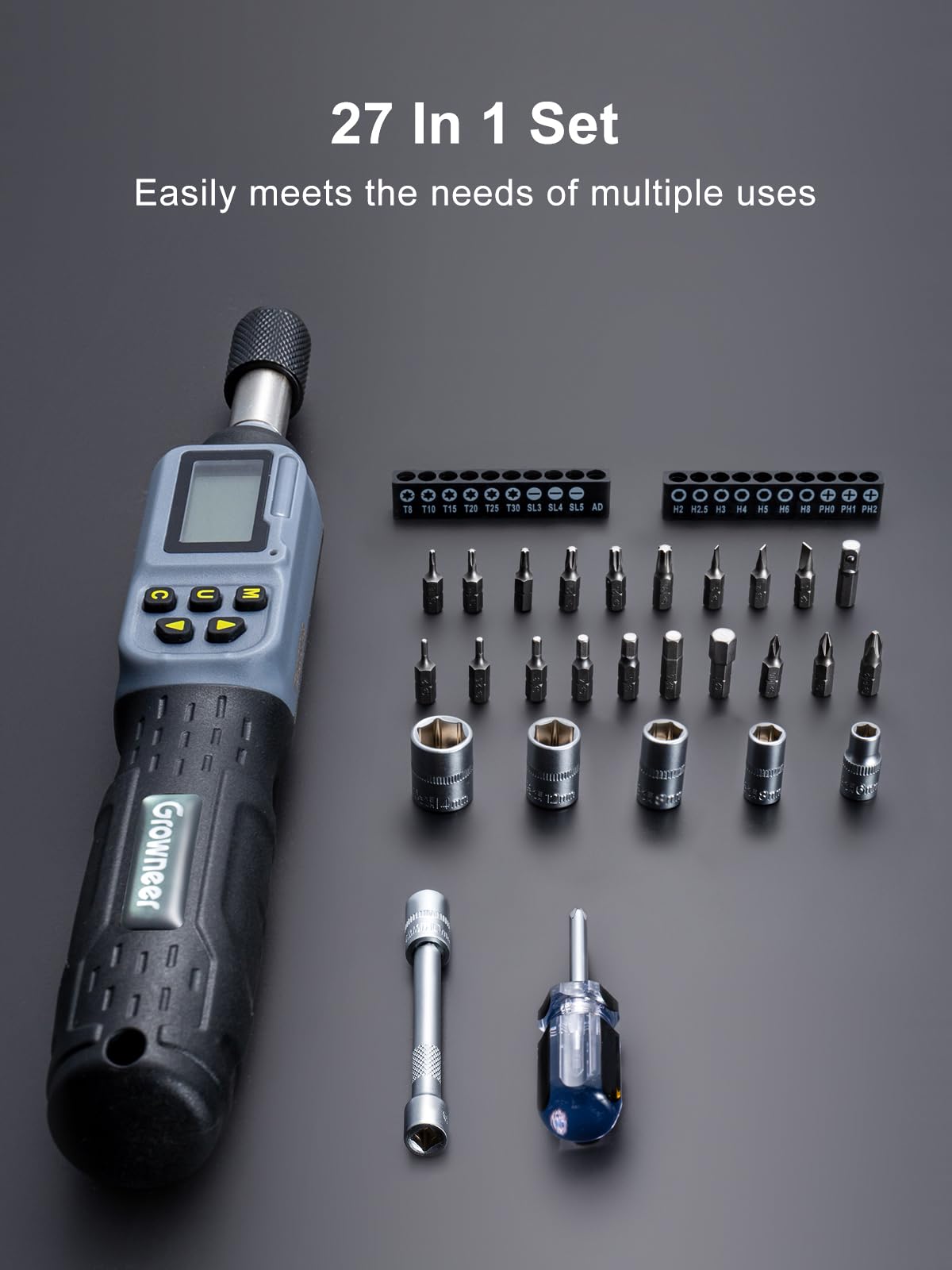 GROWNEER Digital Torque Screwdriver, 2.66-53.1 In-lbs/0.3-6 Nm, 1/4'' Drive Inch Pound Torque Screwdriver Electrician with Buzzer & LED Indicator, 27 In 1 Torque Wrench Screwdriver Set