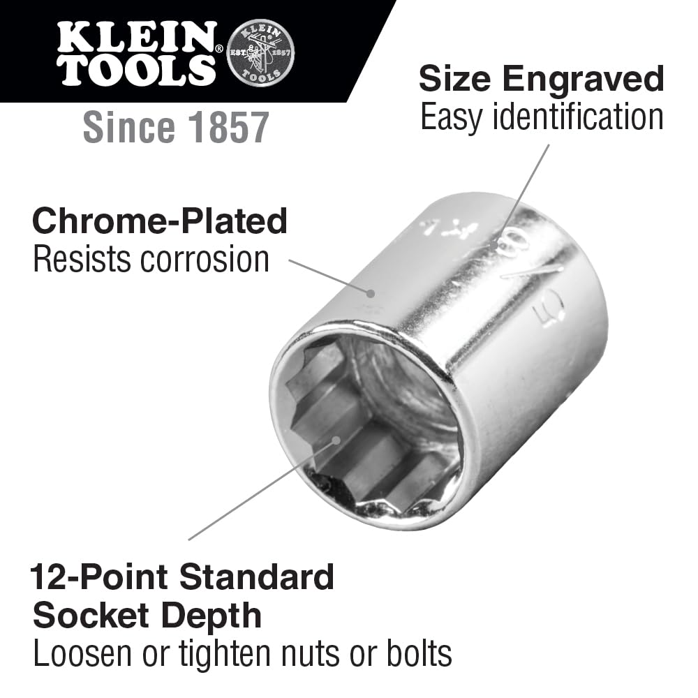 Klein Tools 65508 3/8-Inch Drive Socket Wrench Set with 6-Point, 12-Point, and 6-Point Deep Sockets in SAE Sizes, Case Included, 20-Piece