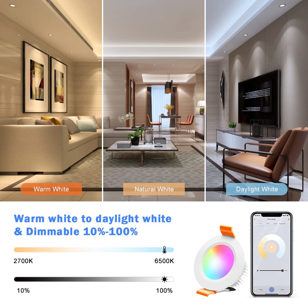 inShareplus 6 Pack 2 Inch Smart Recessed Lighting, WiFi LED Downlight 5W 120V, Dimmable RGBCW 2700-6500K Color Changing, Compatible with Alexa/Google, Ceiling Lights with LED Driver