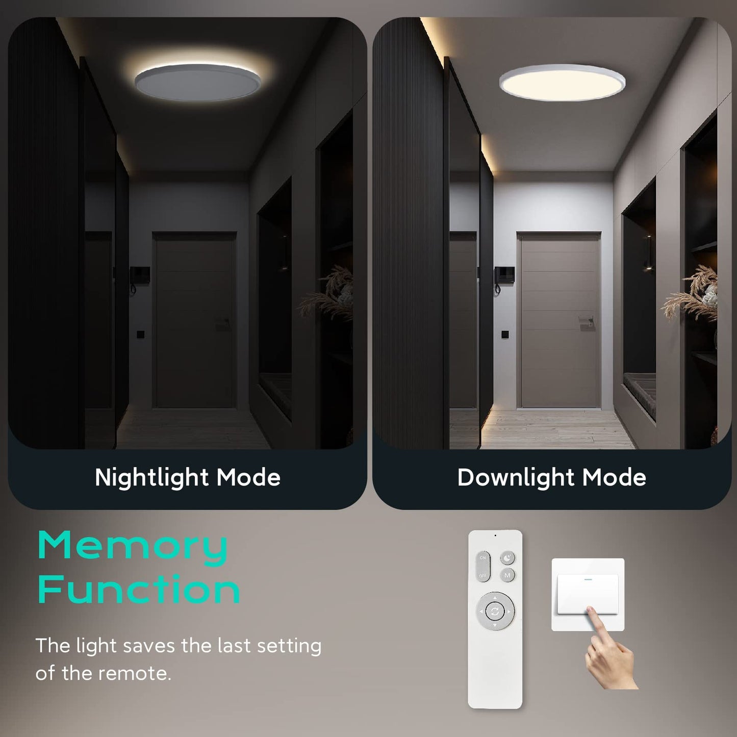 Roomratv Ceiling Light Flush Mount with Night Light, 36W Light Fixture with Remote Control, Full CCT and Brightness Adjustable, 18Inch Led Ceiling Light for Kitchen, Office, Kids Room