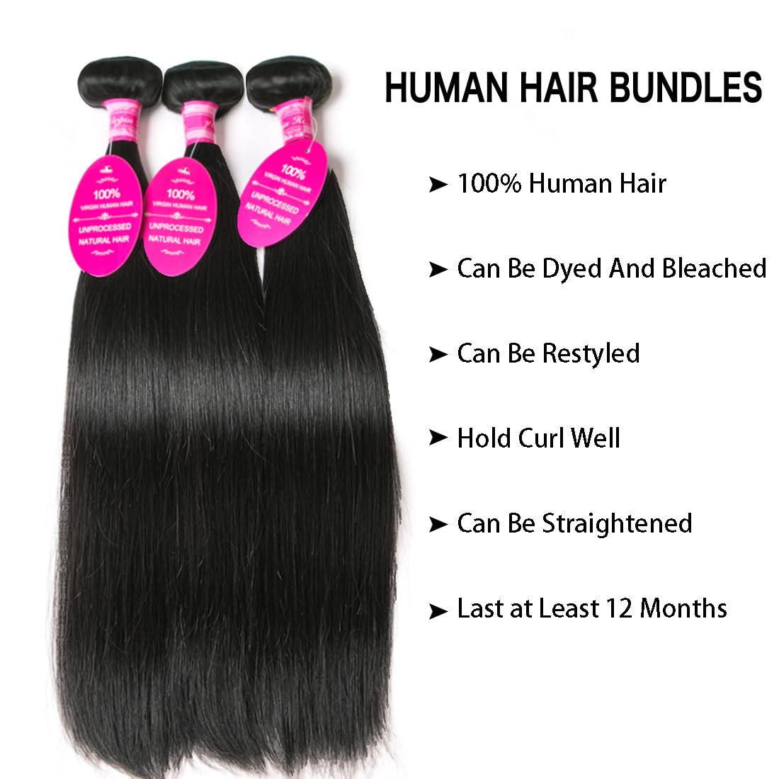 Straight Bundles Human Hair 3 Bundles 18 20 22 Inch Double Weft 12A Brazilian Weave Straight Bundles Human Hair Unprocessed Virgin for Women Natural Color
