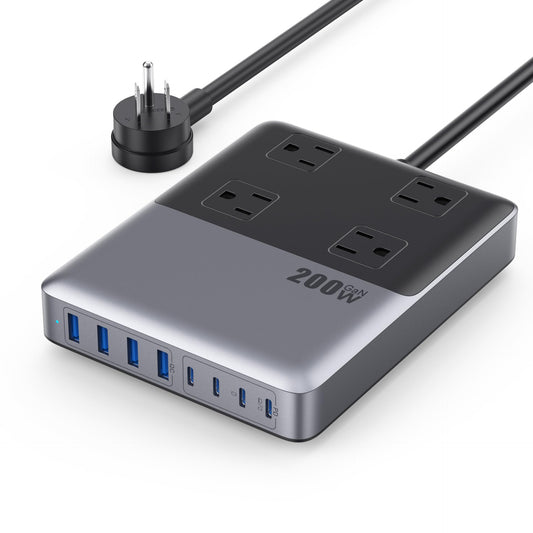 12-in-1 Charging Station USB C Power Strip with 5ft Cord and Plug,200W GaN IV USB C Charger Block,4 AC Outlets,4 USB-A,4 USB-C for MacBook,iPhone 16/15/14,Fast Charging Desktop Charger for Office,Home