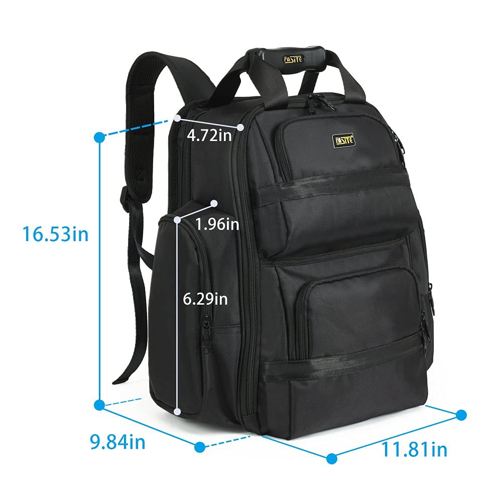 FASITE Tool Backpack bag, Heavy Duty Tool Organizer for Electrician/Contractor/Plumber/HVAC, Large Front Flap & Laptop Compartment (Fits 15" Laptop), Professional Storage for Men & Women, Black