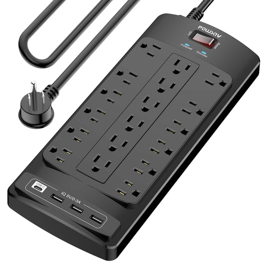 18 Outlets Surge Protector Power Strip - 10 Feet Flat Plug Heavy Duty Extension Cord with 18 Widely Outlets and 4 USB Ports, 2100 Joules, Black, ETL Listed
